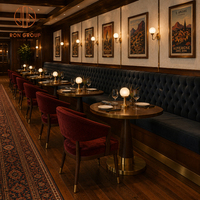 Banquette Ron Group en velours capitonné, table ronde en bois, chaise rembourrée confortable, mobilier de restaurant vintage de luxe