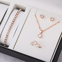 RINHOO - Juego de Joyería de Moda al por Mayor, Romántico, con Circonitas, Geométrico, Aretes, Collar, Anillo y Pulsera, Juego de Cuatro Piezas, Regalo para Mujer