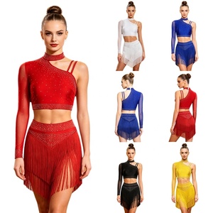 Traje de Baile Latino con Pedrería para Mujer, Falda con Flecos, Top Corto Asimétrico de Una Manga, Conjunto de Ropa de Baile para Competencia, Personalizado - Product Image 1