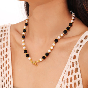 Kalung Bingxin Jewelry DIY Berkualitas Tinggi dengan Batu Akik Hitam dan Kerang Campuran, Berlapis Emas 18K dengan Gesper OT, Hadiah Trendi - Product Image 4