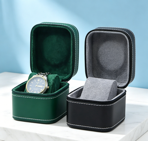 Boîte de rangement pour montres haut de gamme faite à la main, en carton premium, base rigide, vert foncé/noir, deux options de couleur, fermeture à glissière - Product Image 2