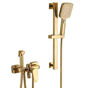 Gold <b>Shower</b> Set All Brass Rain Spray Rectangle Portable Bathroom Faucet With Vacuum Coating Corrosion Prevention - Product Image 5