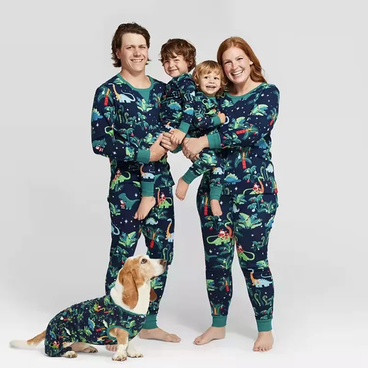 Pijamada noel yeşil dinozor yetişkin çocuk bebek pet köpek pamuk biz aile pijamaları noel için