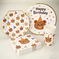 Ensemble de vaisselle pour fête d'anniversaire Lanweier, motif ours, assiettes en papier, ensemble de fête d'anniversaire pour enfants, thème de dessin animé mignon