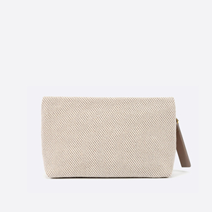 Modern Two-Tone Polyester Textured Fabric Cosmetic Pouch with Gold-Tone Zipper and PU <b>Puller</b> for Daily Makeup Storage - Product Image 4