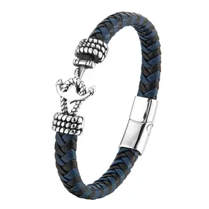 Men Stainless Steel Anchor Charm Leather Bracelet Woven Braided Rope Leather Bracelet Bangles For Father Men Jewelry gift