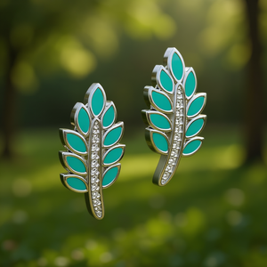 Modernos Pendientes de Hoja Chapados en Oro Blanco con Turquesa, Circonita y Piedras Redondas de Corte Brillante para Mujer, Joyería de Fiesta - Product Image 2