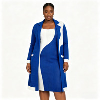 Ensemble tricoté deux pièces jacquard color block pour femme grande taille automne-hiver : cardigan long à col blazer et robe tricotée à col carré