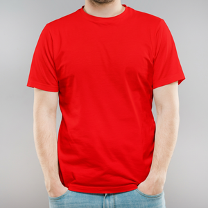 เสื้อยืดคอกลมแขนสั้นผู้ชาย สีแดง ผ้าฝ้าย ทรงปกติ สีพื้น ผ้าเจอร์ซีย์ถัก ย้อมสีเรียบ - Product Image 1
