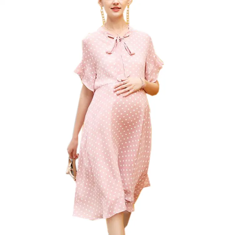 2021 Ruffle Sleeve Chiffon Polka-Dot Printed Ankara Knee Length Maternity Dress Pregnant Women's Clothing