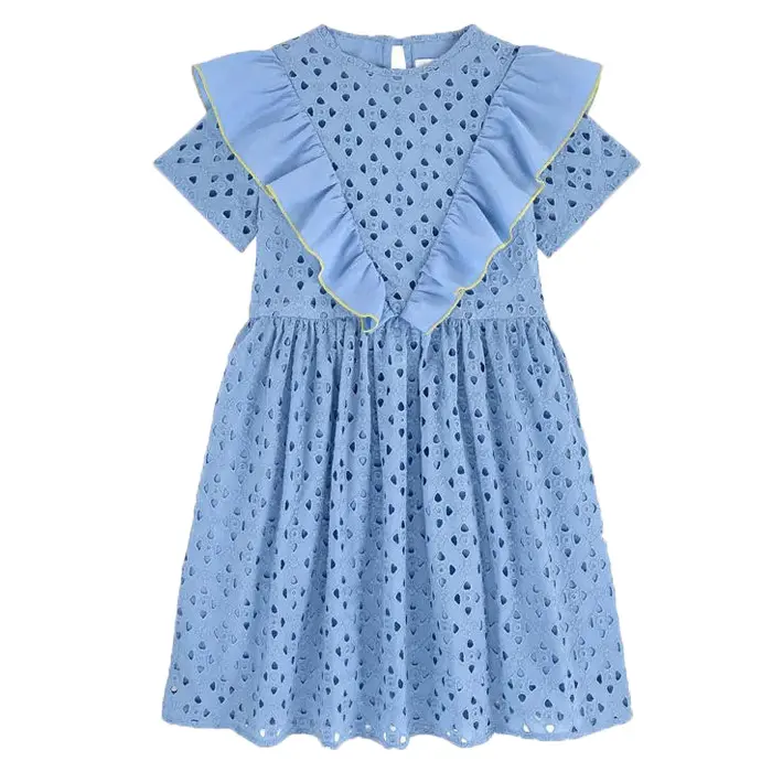 2022 new arrival fashion design jacquard fabric cotton light blue ruffles girl dress kid frock for girls