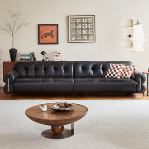 french vintage high leg black cloud top grain leather straight mid century <b>sofa</b> <b>for</b> living room - Product Image 2