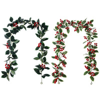 Kunstmatige Kerstboom Groene Faux Bladeren Rood Fruit Wijnstok Kunstbloem Slinger Voor Decoratie
