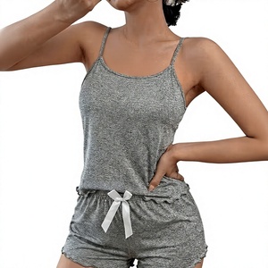 Women Woven Floral Lounge <b>Set</b> Sleeveless Cami Shorts <b>2</b>-<b>Piece</b> Drawstring Closure Breathable Casual Summer Wear Soft Elastic Waist - Product Image 1
