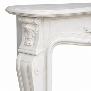 Chimenea tradicional de mármol con tallado ornamentado, de mármol blanco, para interiores, con estufa de leña para comedor. - Product Image 4