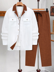 Traje Casual de Dos Piezas para Invitados de <span class=keywords><strong>Boda</strong></span>, Camisa Texturizada con Cuello en Contraste, Pantalones de Vestir Rectos - Product Image 4