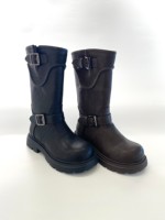 Bottes de chevalier rétro pour filles, bottes en cuir mi-mollet pour enfants avec double boucle, fermeture éclair latérale, semelle épaisse, bottes d'équitation tendance