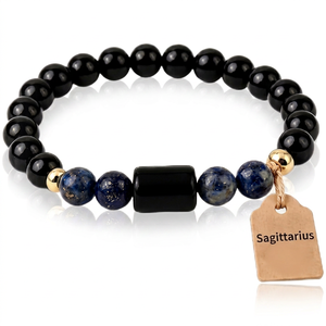 Bracelet du Zodiaque Sagittaire Perles d'Obsidienne Noire avec Lapis Bleu et Plaque Dorée Gravée au Laser Bijou Tendance Mode - Product Image 1