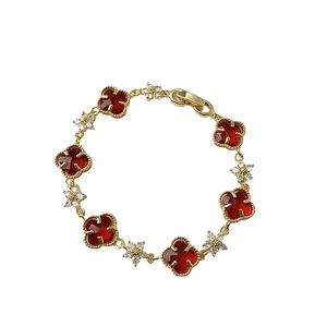 いいえMOQ安いラッキーフォーリーフチャームブレスレットゴールドガラスクローバー銅合金ジルコンテニスチェーンクローバーブレスレット女性用女の子 - Product Image 3