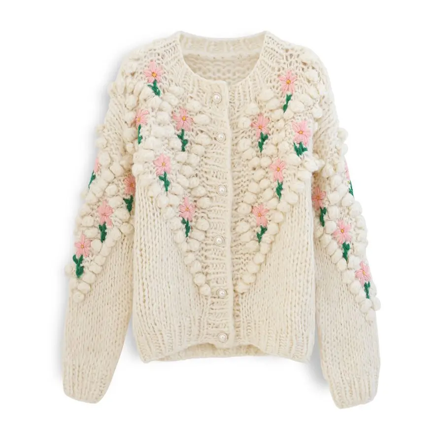 Custom Hand Knitted Fuzzy Pearl Button Cardigan Embroidered Crochet Plus Size Women Sweaters