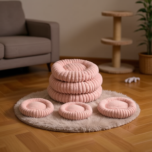 ชุดเตียงสัตว์เลี้ยงขนกระต่ายสีชมพูเนื้อหยาบ รูปทรงกลม สามชิ้น - Product Image 3