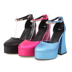 Sandales d'été élégantes pour femme à talon épais, bout carré, avec bride à boucle ornée de diamants, chaussures habillées pour mariages et soirées, taille 43 - Product Image 6