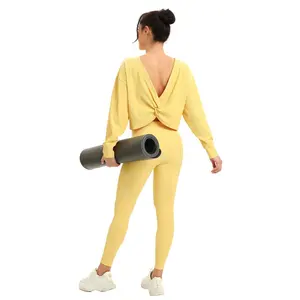 女性用ハイウエストジムレギンス黄色リブバットリフトヨガパンツソリッドパターンアクティブウェア服スパンデックス/ナイロン製 - Product Image 6