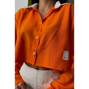 Crop top orange vintage à motifs floraux et unis en coton tissé avec détail logo sur col blanc, taille XL - Décontracté pour le printemps et l'été - Product Image 4