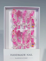 Lot de 10 faux ongles longs et résistants, pré-conçus, motif petit ours mignon et fleurs sculptées, faits à la main, avec colle, en ABS, pour l'exportation