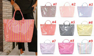 Hotselling groothandel op maat gemaakte waterdichte PVC duurzame strandtas zomer gestreepte kleurrijke canvas reistas dames shopper tas - Product Image 2