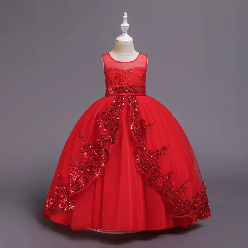 5-12 Jaar Rood Wit Feestjurken Lange Jurk Pailletten Kant Trendy Luxe Prinses Meisjes Jurken Baljurk Voor Kinderen