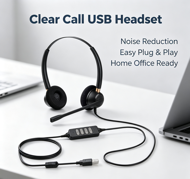 F USB PC Headset Inline Control Volume Mute Function Noise Cancelling Mic Wired Headphones for Laptop Desktop Home Office Work