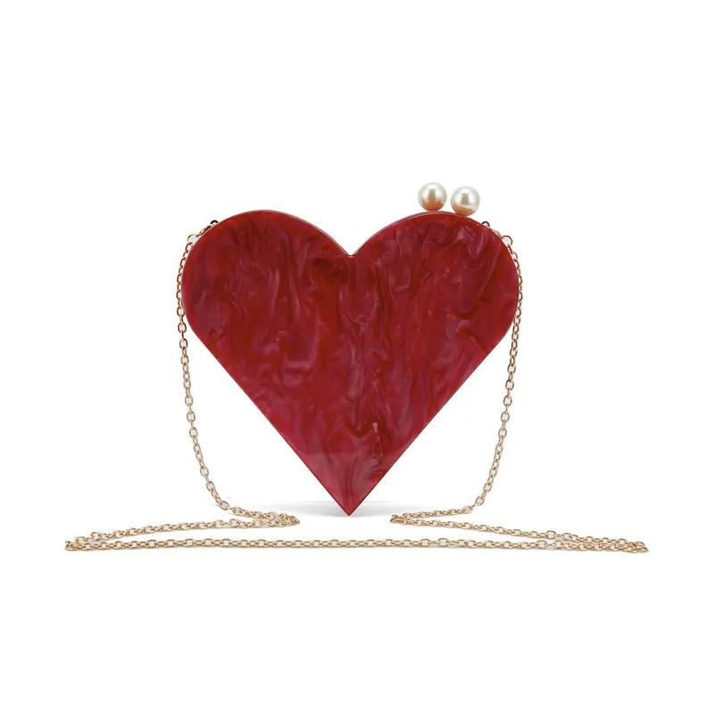 Fashion luxury bridal wedding evening bag white red heart shape acrylic handbag clutch purse