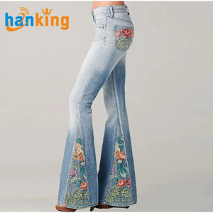 Pantalon Slim Décontracté pour Femme, Grande Taille, Couleur Dégradée, Fleurs Imprimées, Taille Haute, Panneau Légèrement Extensible, Évasé, Jeans - Product Image 1