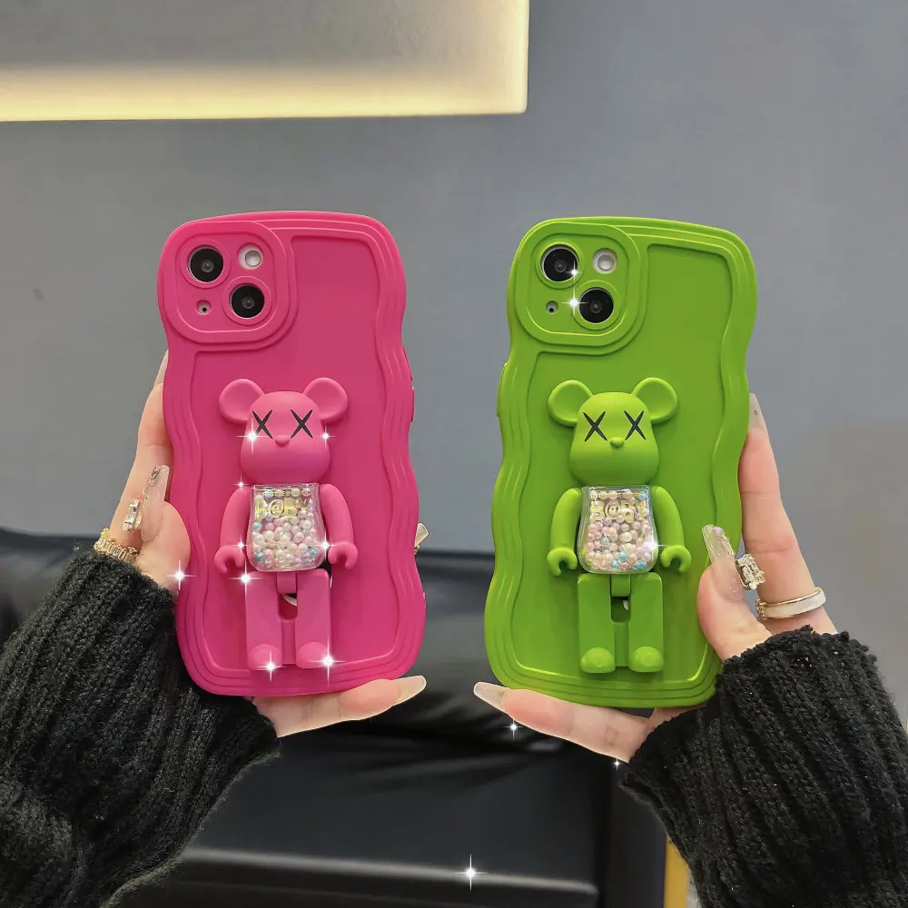 2022 New Arrival Candy Colors Big Wave Soft Tpu Phone Case With Beads Bear Stand For Iphone 14