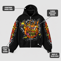 Sweat à capuche homme noir personnalisé 450 GSM en molleton de coton épais avec imprimé graphique, fermeture éclair intégrale, épaules tombantes, coupe courte pour streetwear décontracté