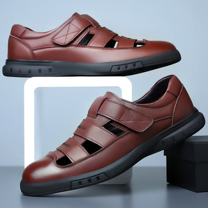 Breathable Leather <b>Clogs</b> For <b>Men</b> Black Velcro Closure Soft Sole Summer Casual Shoes Adult Size 8155 - Product Image 4