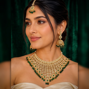 Handcrafted Royal Bridal Kundan Broad Choker <b>Set</b> Maroon Gemstone Bead Fringe Necklace <b>Set</b> with Matching Jhumkas & Maang Tikka - Product Image 2
