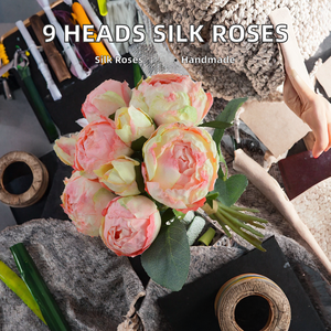 Bouquet di 9 Rose in Seta Fatte a Mano, <span class=keywords><strong>Rosa</strong></span>/Rosso, Fiori Artificiali per Matrimoni, Decorazioni per la Casa, Vendita all'Ingrosso - Product Image 3
