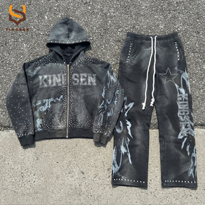 Nuevo Diseño Vintage, Conjunto de Sudadera con Capucha y Pantalones Deportivos de Dos Piezas para Hombre, Logotipo Personalizado Impreso, Conjunto Deportivo con Pedrería y Efecto Desgastado - Product Image 1