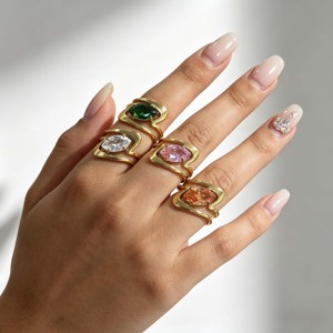 Bague en acier inoxydable plaqué or 18 carats avec double barre géométrique creuse et pierres multicolores – Design audacieux et accrocheur pour les fêtes et le quotidien - Product Image 2