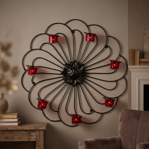 Handcrafted <b>Black</b> Iron Wall Mounted <b>Candle</b> <b>Holder</b> with Red Glass Votive Cups Decorative <b>Metal</b> wall Sconce Tealight for Home Deco - Product Image 5