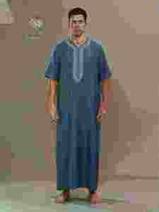 Al Haramain <b>Men's</b> Cotton <b>Thobe</b> Short Sleeve Floor Length Modest Prayer Wear Solid Color Loose Fit Middle East Style - Product Image 4