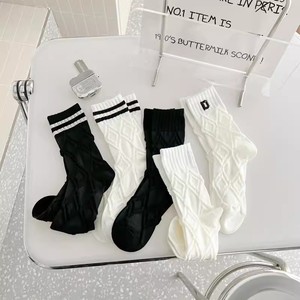 Crew Socks Mid Calf Black <b>White</b> Diamond Pattern Preppy Sporty Style Sweat Absorbing Polyester Fiber Women Casual Socks - Product Image 1