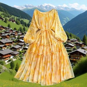 موضة جديدة طويلة الأكمام فستان الشيفون المطبوع الامبرطورية الخصر الديكور نمط الصلبة ميدي طول لربيع الخريف - Product Image 4