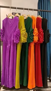 Newly Casual Factory Outlet V-neck 3 Quarter Sleeve Elegant Fashion Solid Color Tassel Pleated Plus Size Long Women Dress