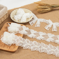 Encaje Bordado Erkoumi de 5.5-8CM, Lazo Doble Blanco Simple en 3D, Hecho a Mano con Cuentas de Organza, para Vestidos de Novia y Sombreros