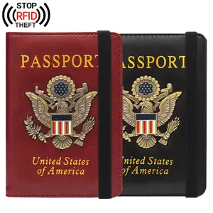 Funda de cuero PU para pasaporte de EE. UU., soporte para pasaporte con protección RFID con logotipo de Metal para viajes, titulares de boletos aéreos, logotipo personalizado