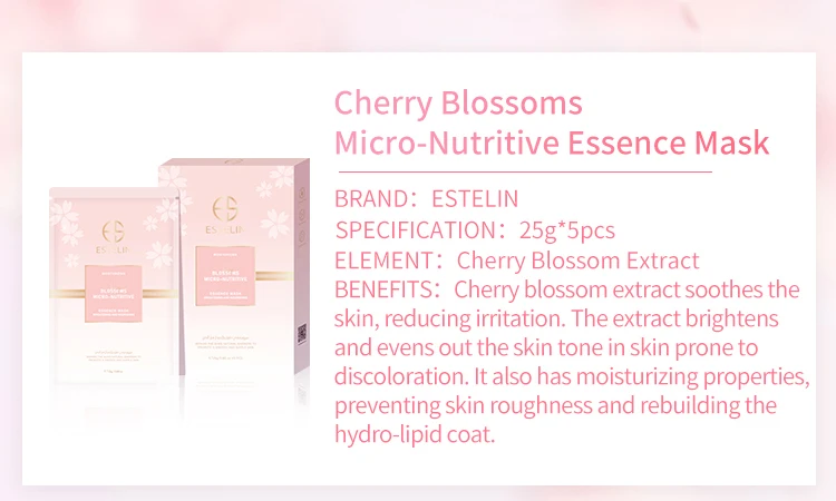 2022 New Design ESTELIN Cherry Blossoms Micro-Nutritive Brightening Facial Sheet Mask 25g*5pcs