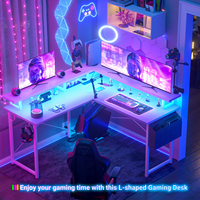 Bureau d'angle moderne en bois en forme de L avec éclairage LED, table de travail et d'étude pour jeux vidéo, idéal pour petits espaces, avec étagères de rangement pour chambre et maison